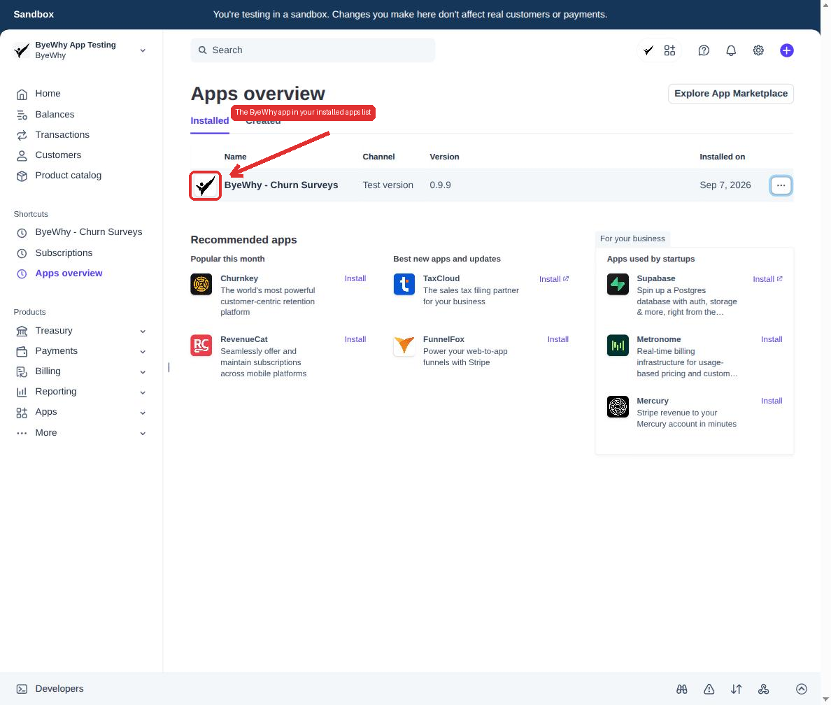 The ByeWhy app in the Installed apps list