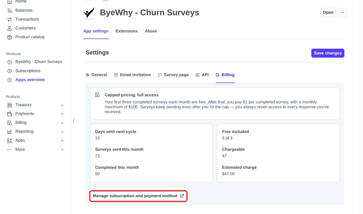 Billing tab with the Manage subscription and payment method button highlighted