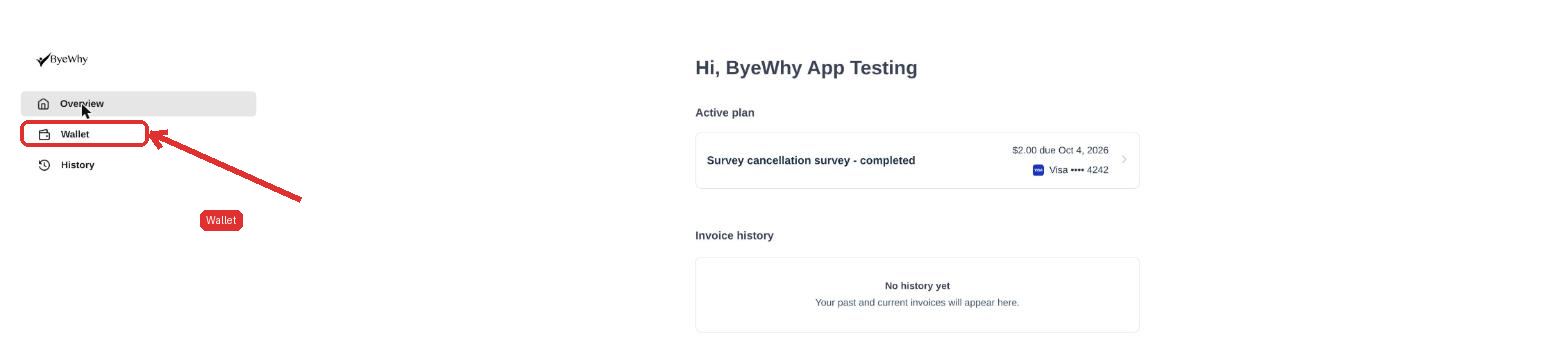 Billing portal overview with the Wallet nav item highlighted