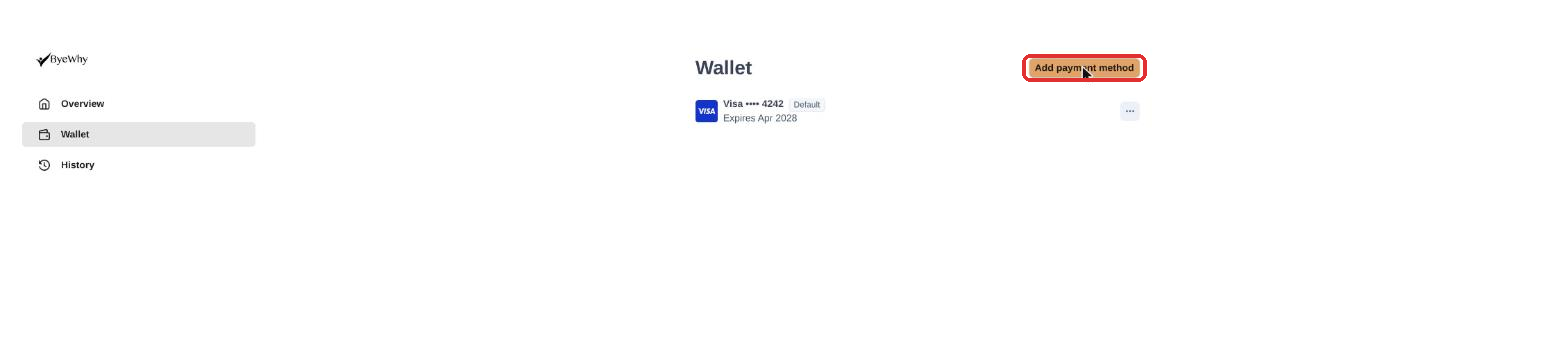 Wallet page with the Add payment method button highlighted