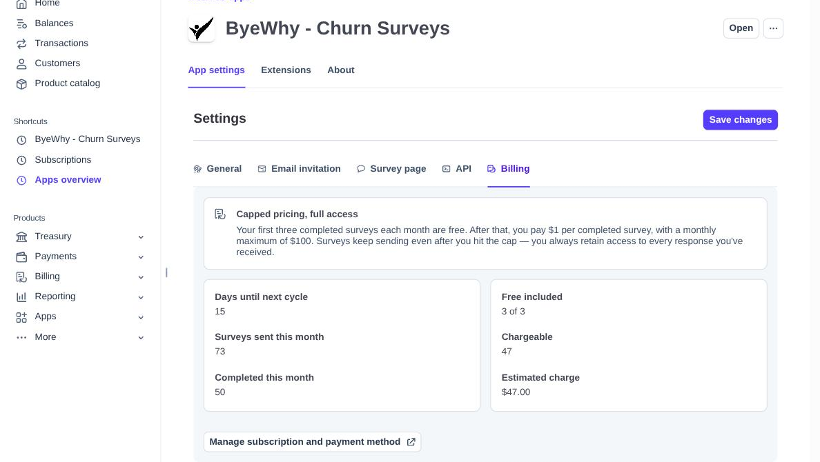 Billing tab fields: capped pricing summary, cycle stats, and free/chargeable breakdown