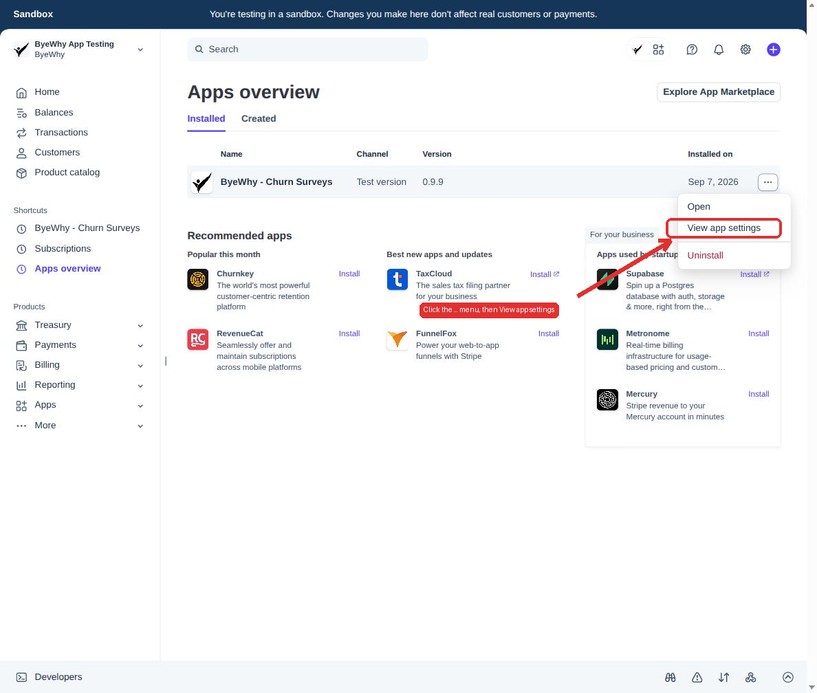 Click the ... menu, then View app settings