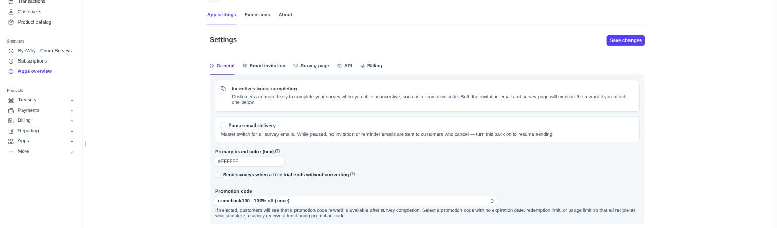 General tab: pause delivery, brand color, trial toggle, and promotion code