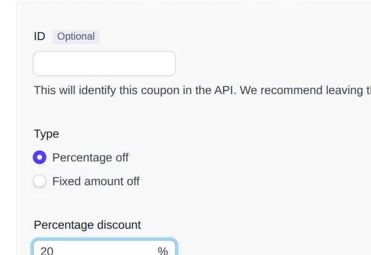 Coupon type and percentage discount fields