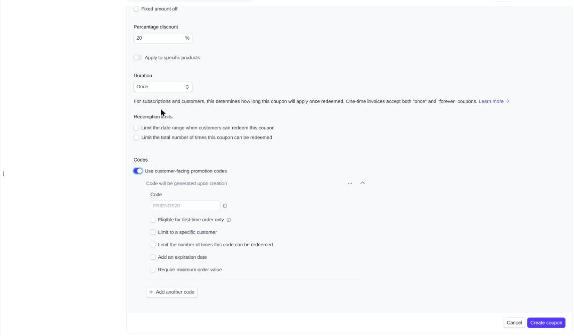 Codes section with the toggle on and every restriction left unchecked