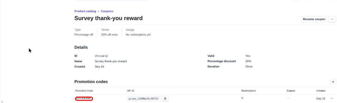 Coupon detail page with the new promotion code listed