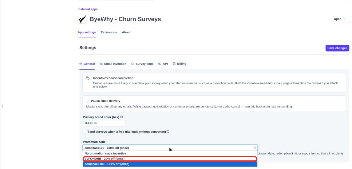 General tab promotion code dropdown showing the new code