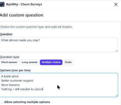 Add custom question form with Multiple choice selected and options filled in