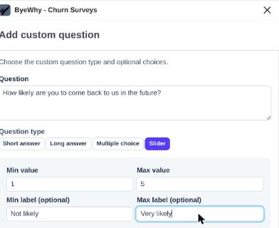 Add custom question form with Slider selected and min/max labels filled in